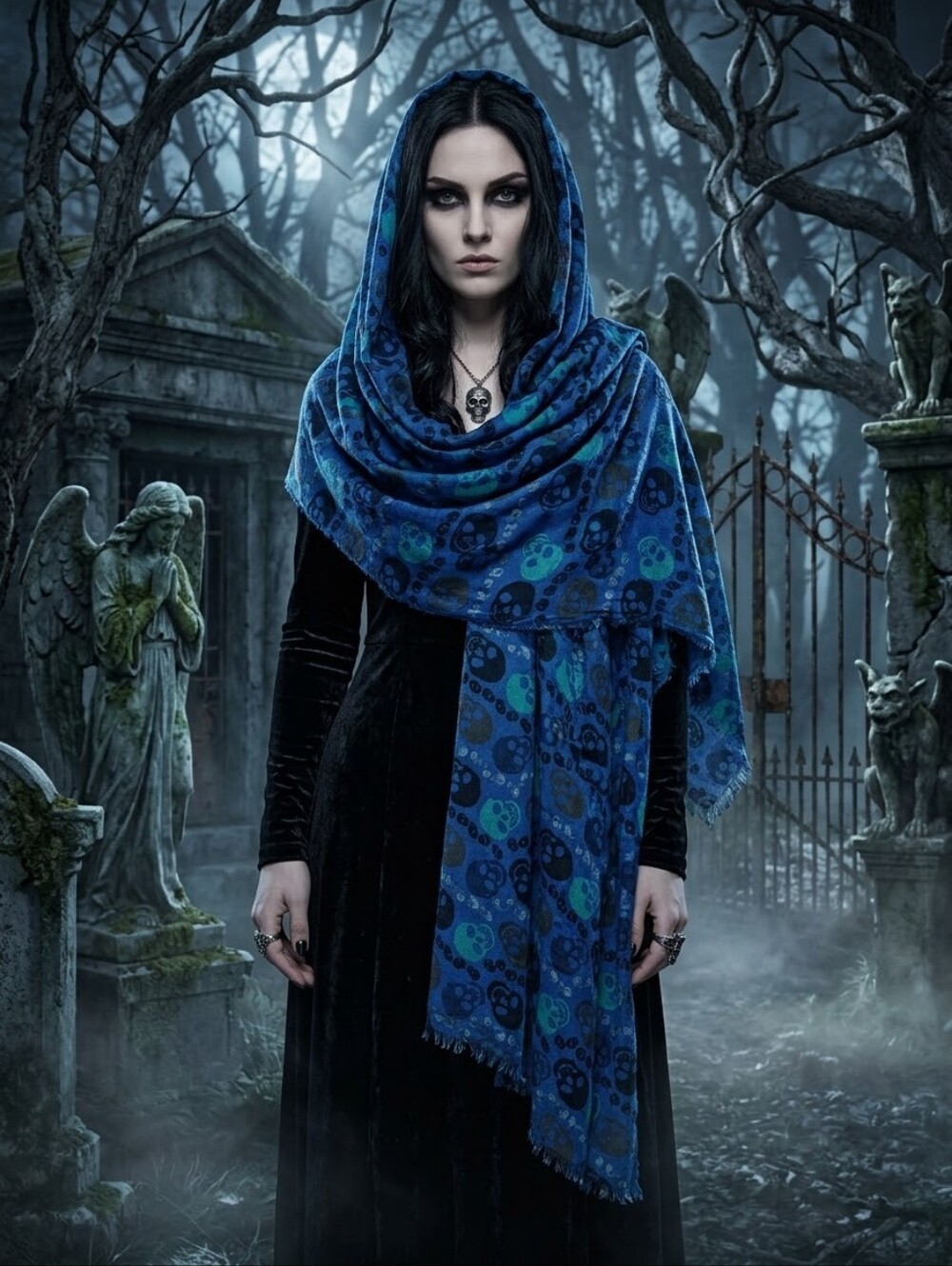 Unbranded Skull black and blue scarf 80" X 28" Whimsygoth Halloween